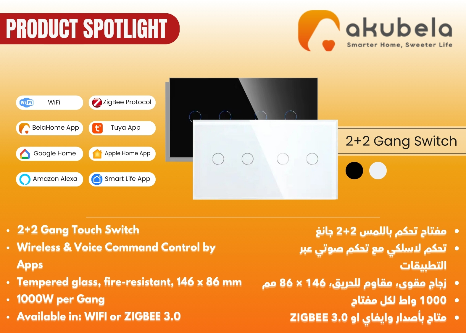 Zigbee 2+2 Gang Switch - White