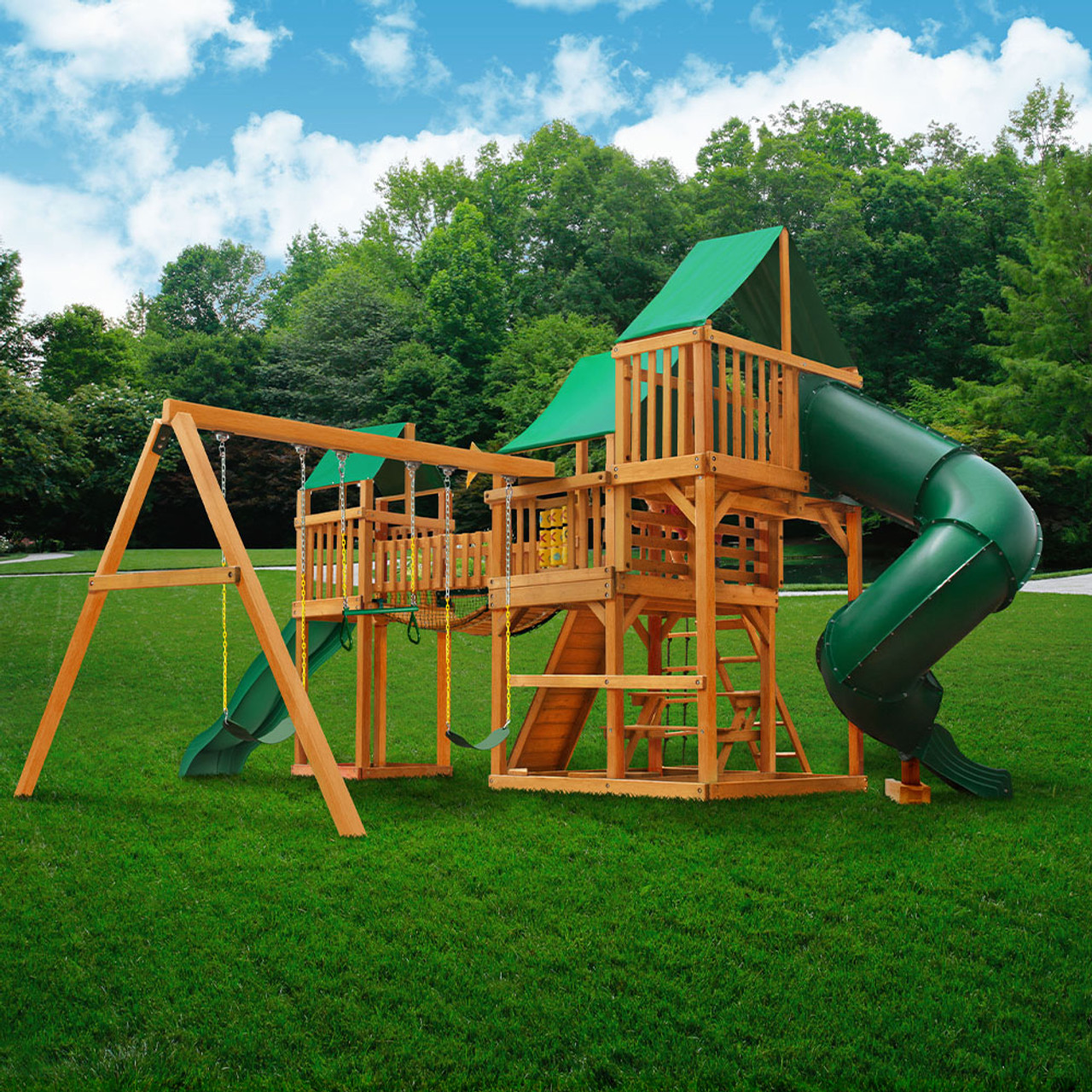 Treasure Trove I Swing Set w/ Deluxe Green Vinyl Canopy Treasure Trove I Swing Set w/ Deluxe Green Vinyl Canopy