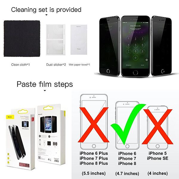 Baseus 0.23mm Privacy Curved Glass Screen Protector iPhone 6, 7 & 8 (2PCS)W