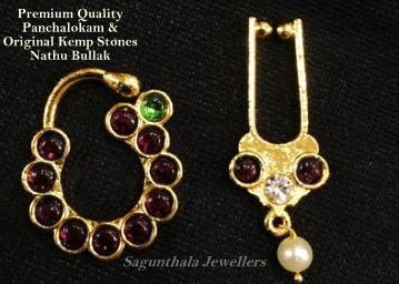 Margam Temple Jewellery - Copper One Gram Gold Finish & Real Kempstones Nathu Bullak