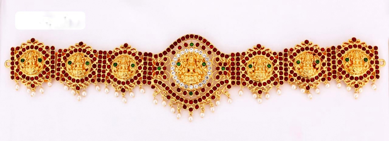 Brass Gold Finish Temple Oddiyanam Waist Belt with Kemp Stones – Premium Bharatanatyam & Bridal Jewellery