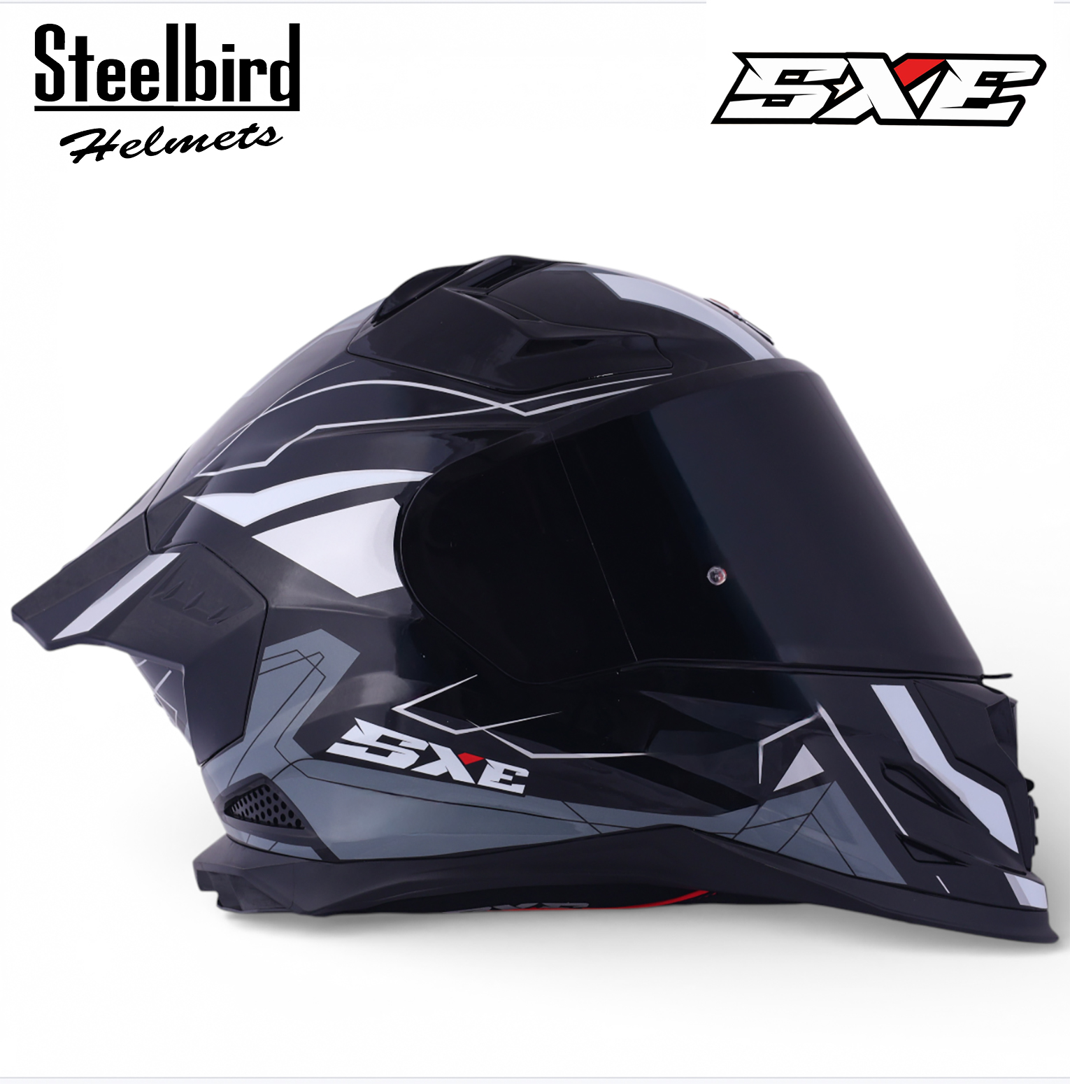 STEELBIRD SBH-61 ISS SXE RACE-X GLOSSY BLACK/SILVER WITH TPE EDITION C/V 620MM (WITH EXTRA SMOKE VISOR)