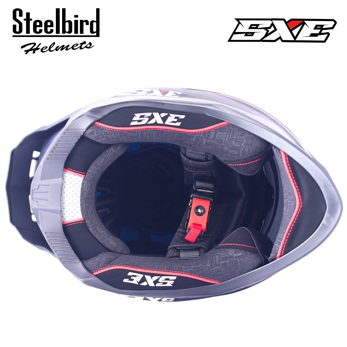 STEELBIRD SBH-61 ISS SXE RACE-X GLOSSY BLACK/BLUE WITH TPE EDITION C/V 600MM (WITH EXTRA SMOKE VISOR)