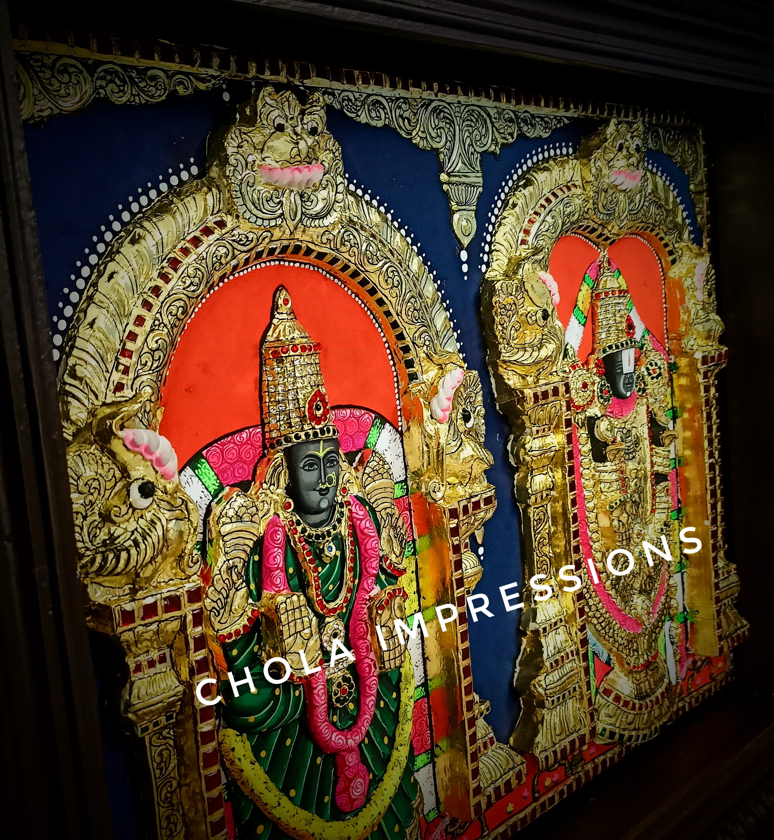 Super Embossed Statue-like Balaji Padmavati Tanjore Painting - with American Diamonds