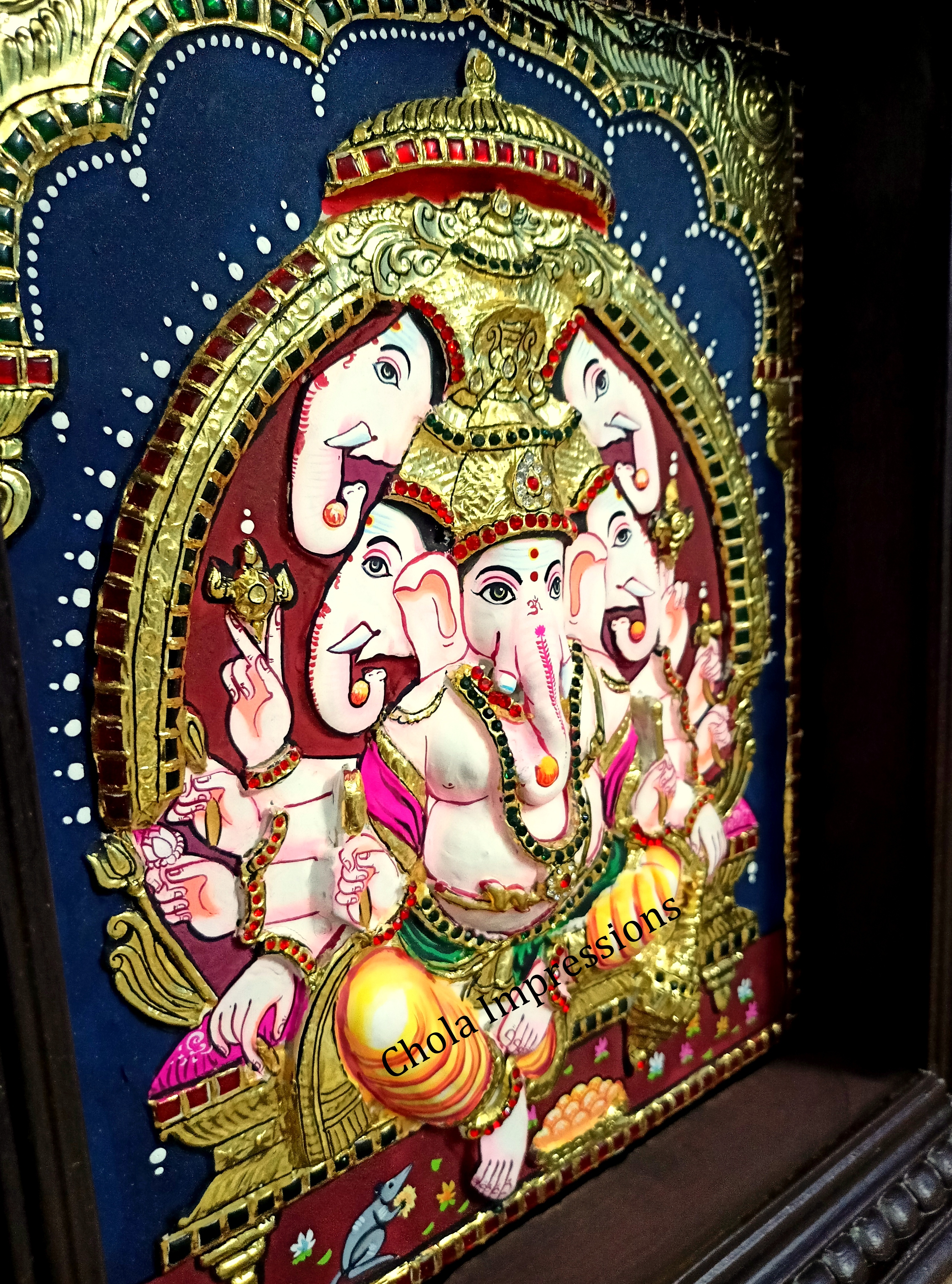 Super Embossed Panchmukh Ganesh Tanjore Painting