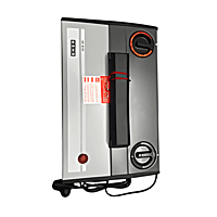 Angled view: Usha portable fan heater in white with an integrated carry handle and adjustable stand. Angled view: Usha portable fan heater in white with an integrated carry handle and adjustable stand.