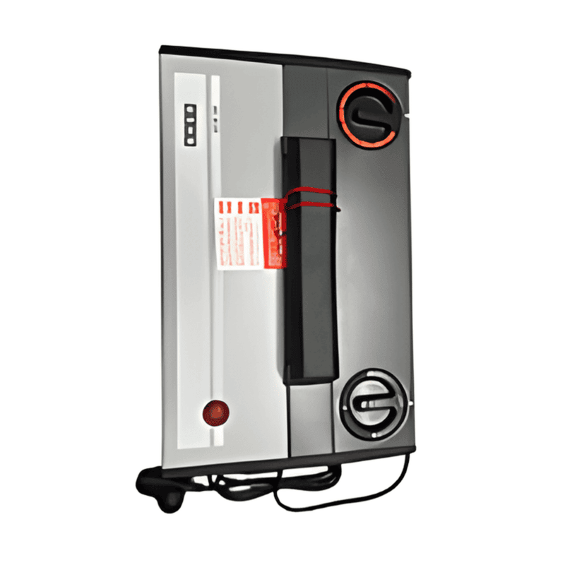 Angled view: Usha portable fan heater in white with an integrated carry handle and adjustable stand.