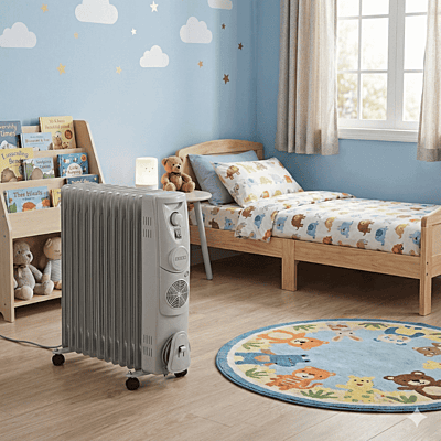 "Side profile of Usha 4213 F heater displaying 13 heating fins and castor wheels for portability." "Side profile of Usha 4213 F heater displaying 13 heating fins and castor wheels for portability."