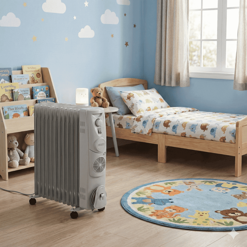 "Side profile of Usha 4213 F heater displaying 13 heating fins and castor wheels for portability."