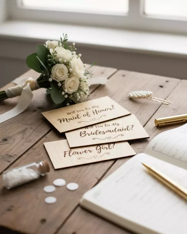 Heirloom Collection Bride’s Proposal Cards featuring engraved personalized bridal party cards.