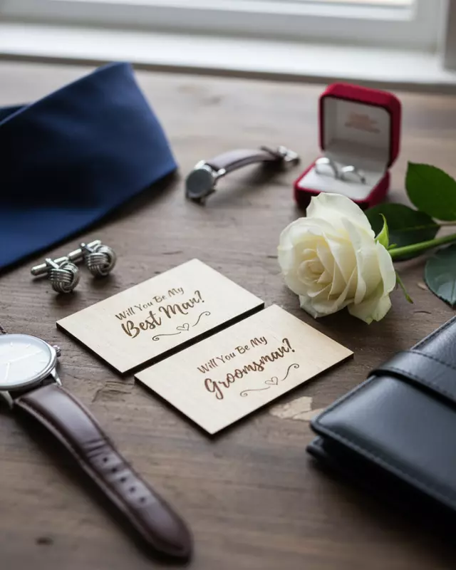 Heirloom Collection engraved Groom’s Proposal Cards for wedding party proposals.