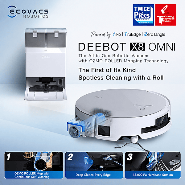 ECOVACS DEEBOT X8 OMNI - Wet Dry Vacuum Cleaner, OMNI Station, 18,000Pa