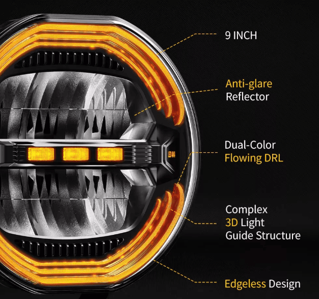 Tan 4x4 9" Anti Glare Round Driving Light, White and Amber DRL