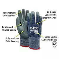 Magid® D-ROC® GPD982 AeroDex® 13-Gauge Polyurethane Coated Cut-Resistant Touchscreen Glove - Cut Level A9- For Vending