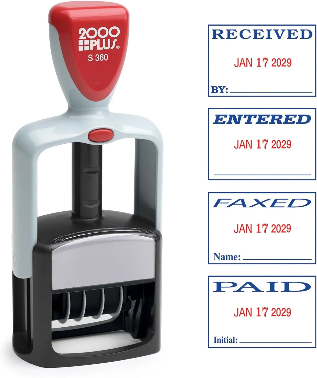 2000 PLUS 4-In-1 Date and Message Stamp, Self-Inking, ENTERED PAID RECEIVED FAXED, Red & Blue Ink (032519)
