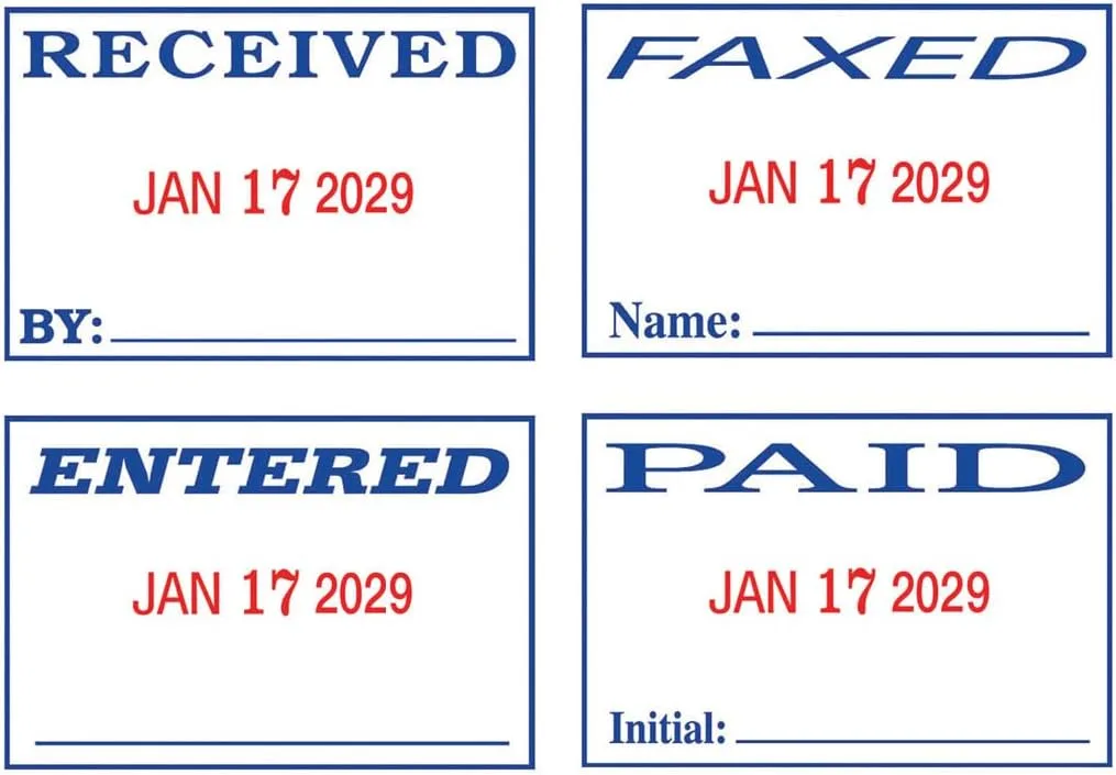 2000 PLUS 4-In-1 Date and Message Stamp, Self-Inking, ENTERED PAID RECEIVED FAXED, Red & Blue Ink (032519)