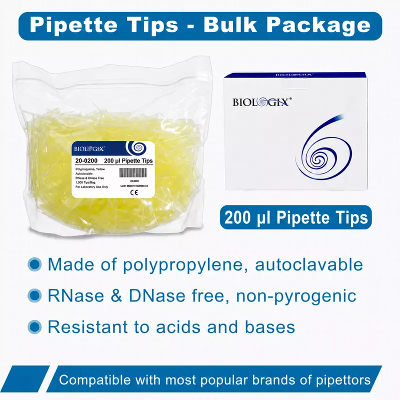 200μl Universal Pipette Tips, PP, Bulk Pack, Non-Sterile, Yellow, DNase & RNase free