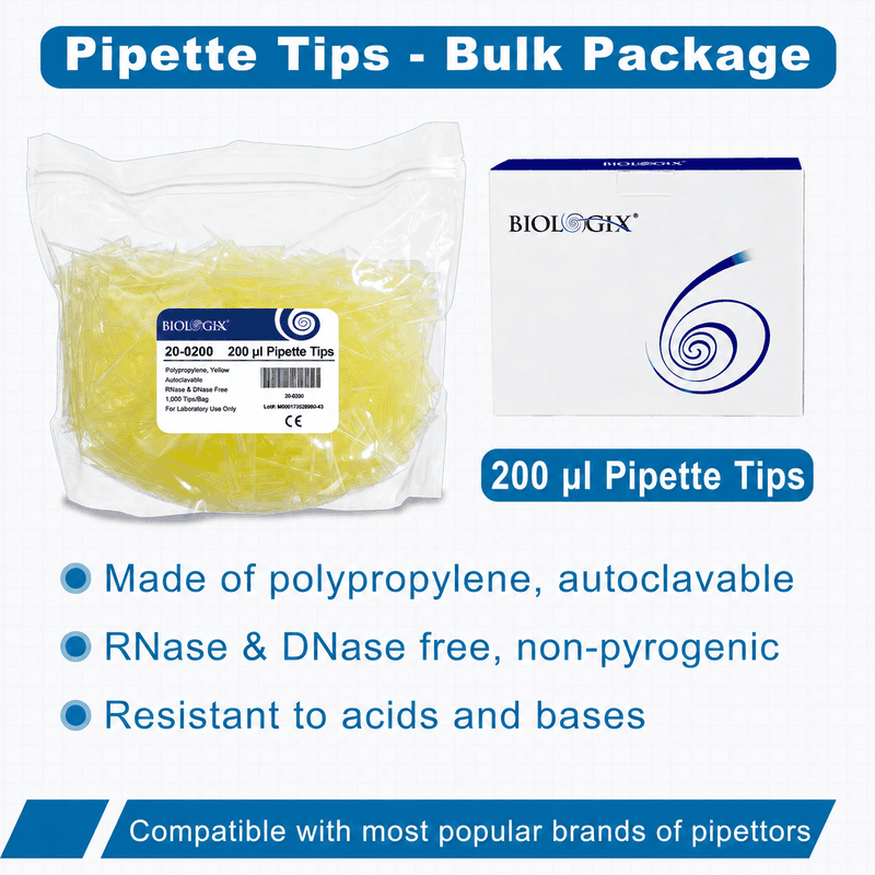 200μl Universal Pipette Tips, PP, Bulk Pack, Non-Sterile, Yellow, DNase & RNase free