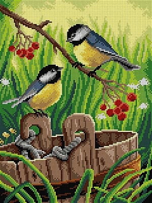 Due Uccellini con secchio - Tela Mezzopunto da 30x40 cm