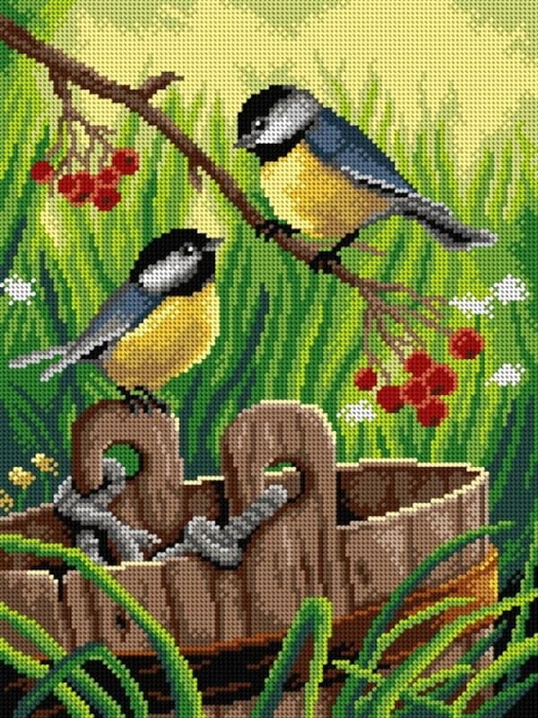 Due Uccellini con secchio - Tela Mezzopunto da 30x40 cm