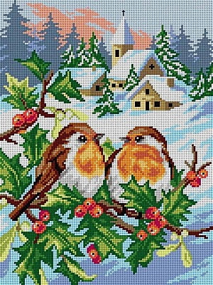 Tela Mezzopunto - Pettirossi con Paesaggio Innevato by Orchidea