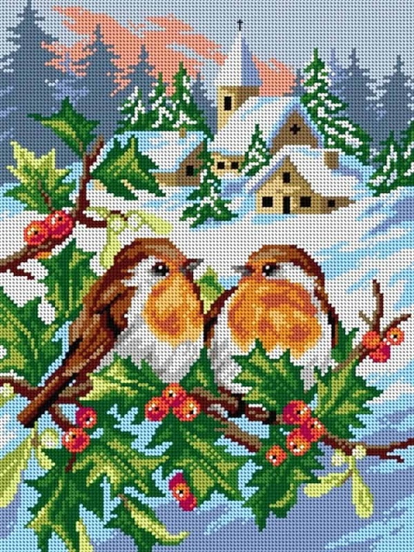 Tela Mezzopunto - Pettirossi con Paesaggio Innevato by Orchidea Tela Mezzopunto - Pettirossi con Paesaggio Innevato by Orchidea