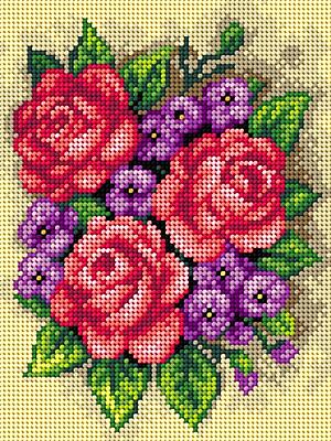Tela mezzopunto Rosa Rosse e Fiori Lilla