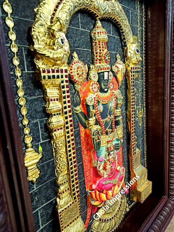 Super Embossed Statue-like Balaji Pada Lakshmi Tanjore Painting - with American Diamonds