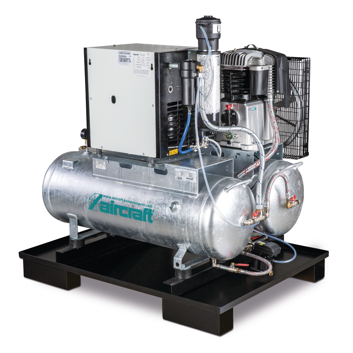 AIRCRAFT AIRPROFI DUO 703 / 2x100 / 10 KK – Stationary Piston Compressor With 2X 100 Liter Compressed Air Tanks, Refrigerant Dryer, Fine Filter, Steam Trap And Conditioner