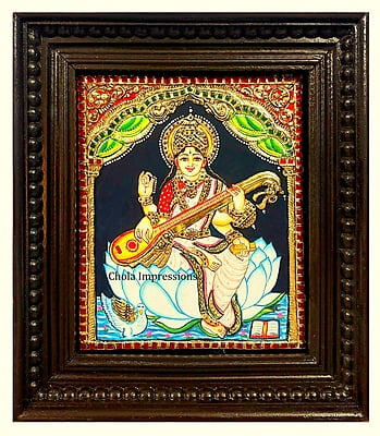 Saraswati Devi Tanjore Painting on White Lotus