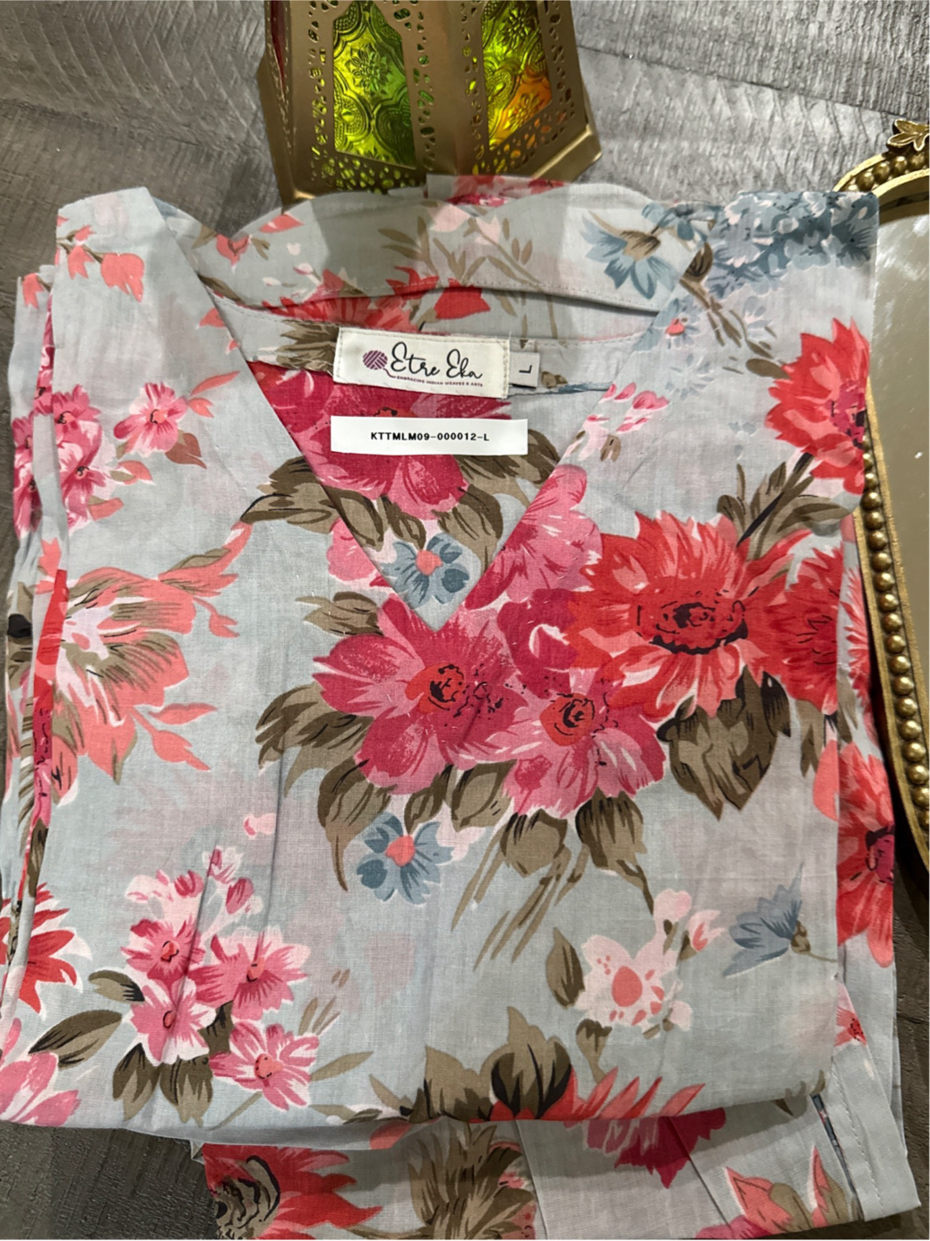 Muslin Kurti Set in Floral Print Pastel Blue and Pink- Unique Casual Wear