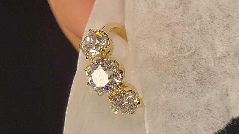 3 stone old mine cut lab diamond six prong ring