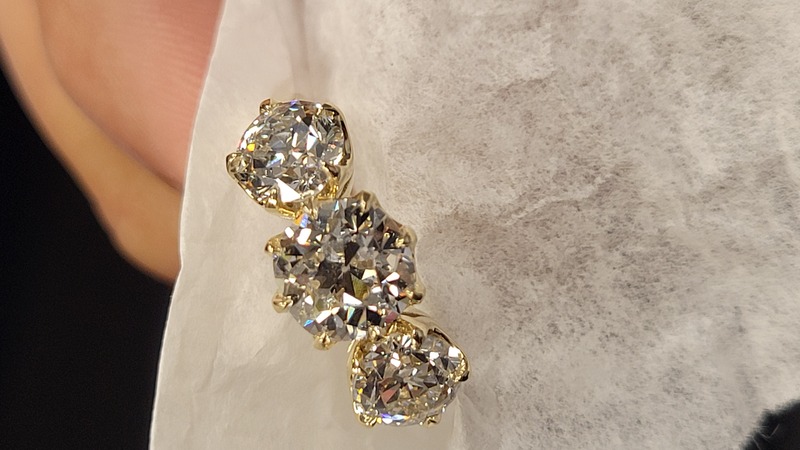 3 stone old mine cut lab diamond six prong ring