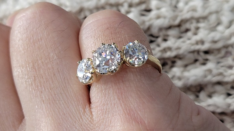 3 stone old mine cut lab diamond six prong ring