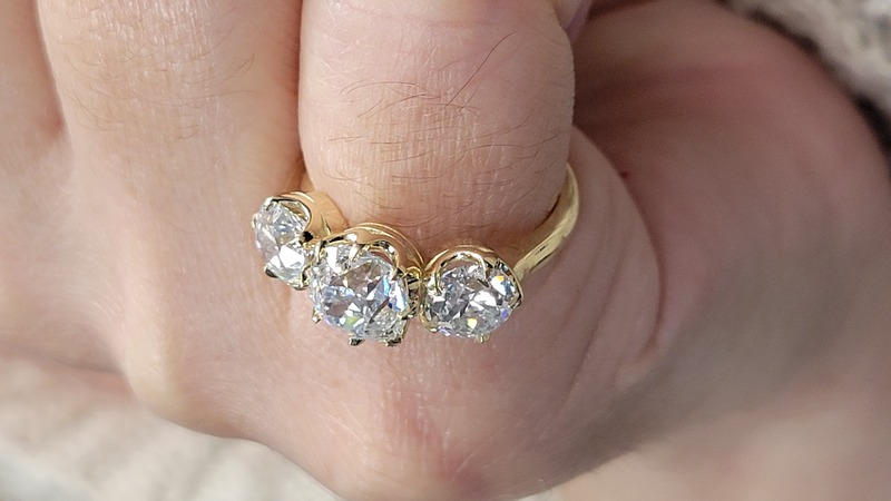 3 stone old mine cut lab diamond six prong ring