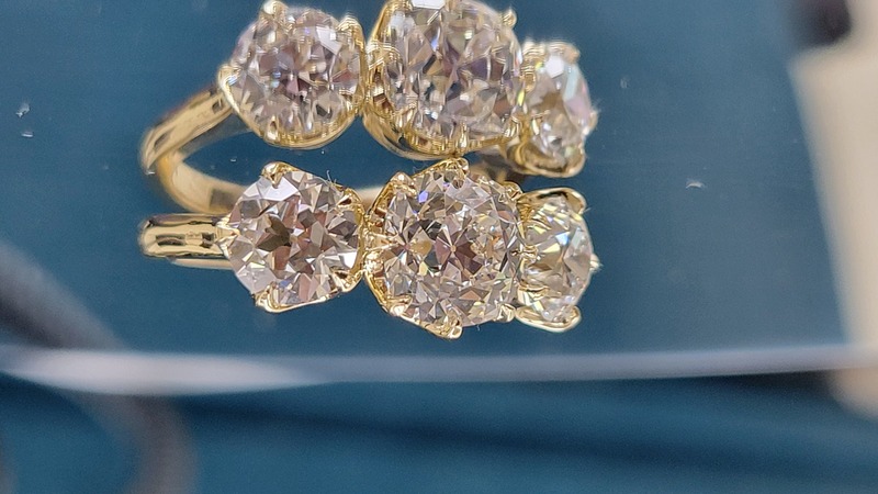 3 stone old mine cut lab diamond six prong ring