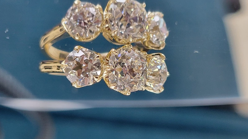 3 stone old mine cut lab diamond six prong ring