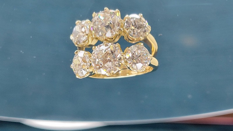 3 stone old mine cut lab diamond six prong ring