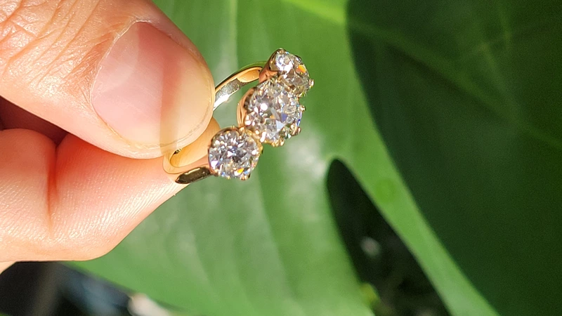 3 stone old mine cut lab diamond six prong ring