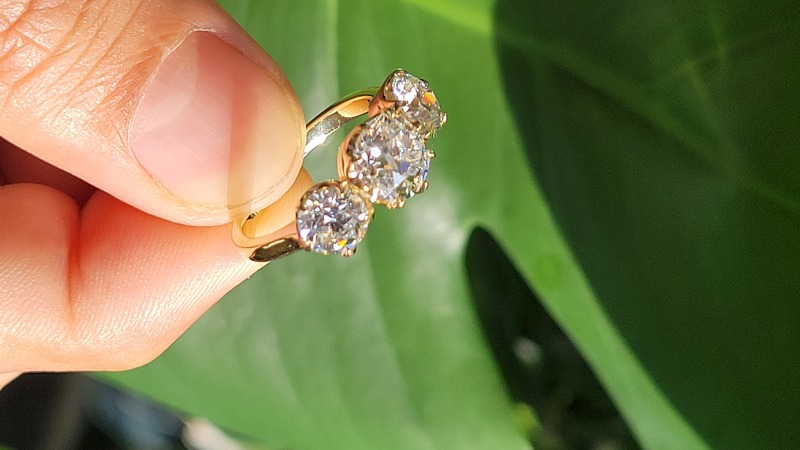 3 stone old mine cut lab diamond six prong ring