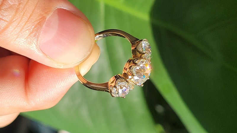 3 stone old mine cut lab diamond six prong ring