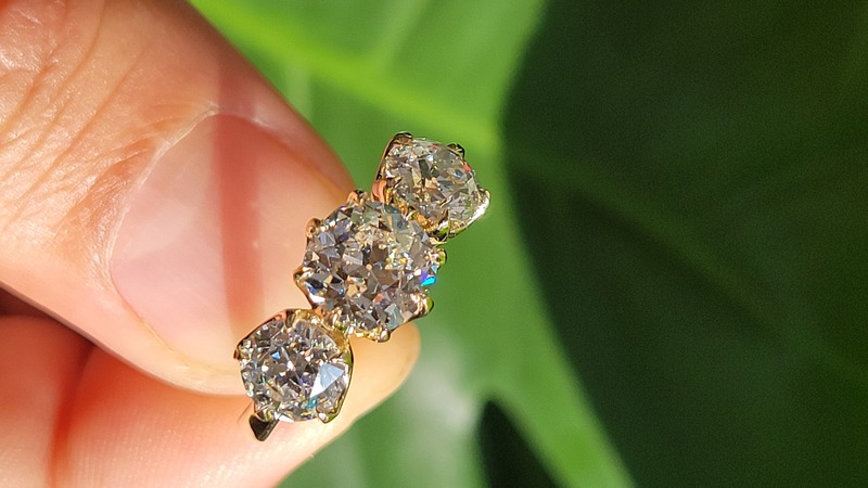 3 stone old mine cut lab diamond six prong ring