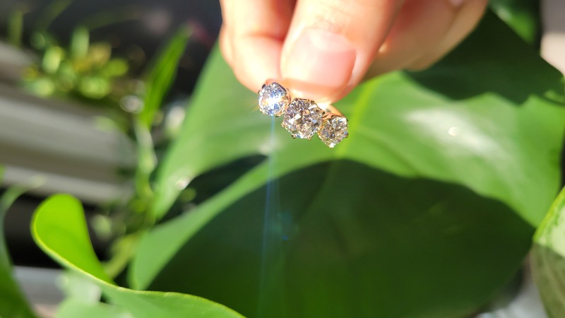 3 stone old mine cut lab diamond six prong ring