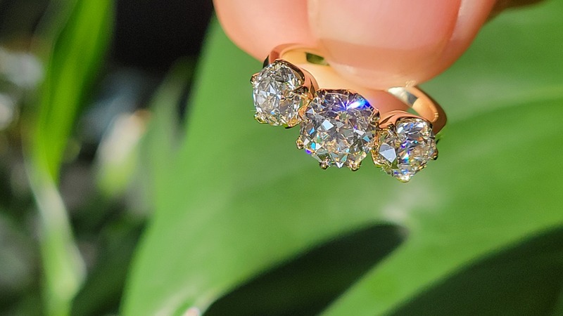 3 stone old mine cut lab diamond six prong ring