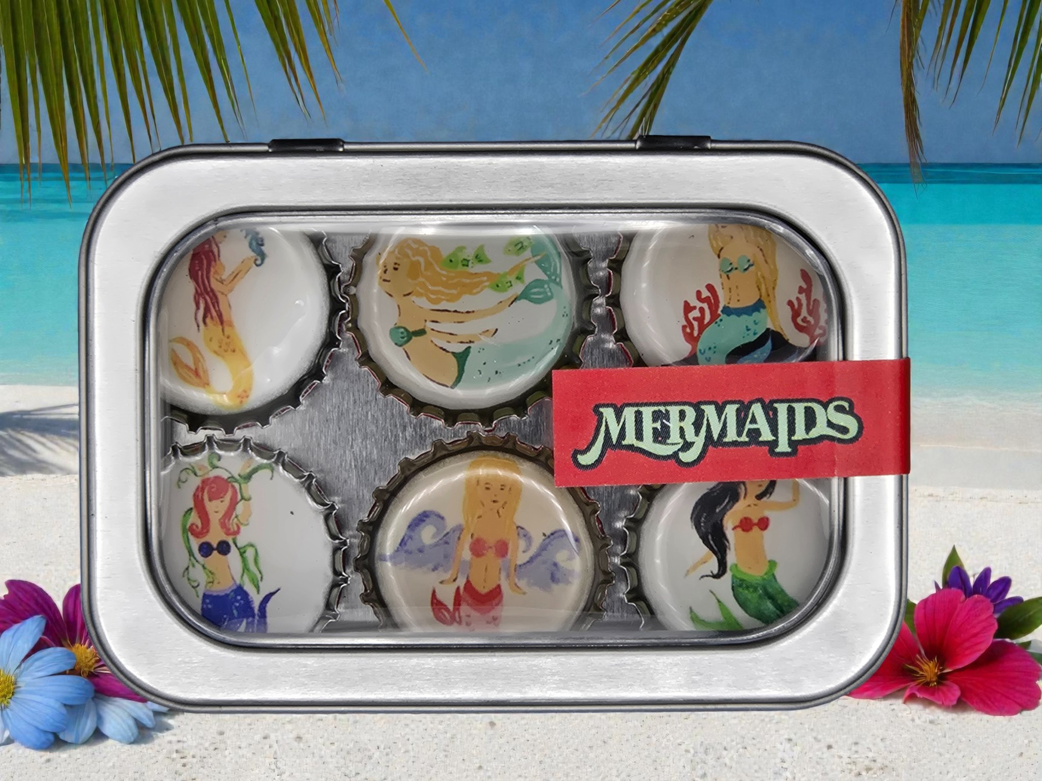 Upcycled Mermaid Bottle Cap Magnets – Set of 6