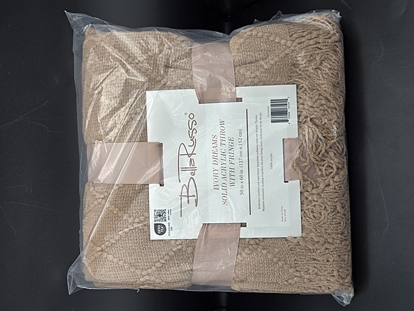 BellaRusso “Ivory Dreams” Solid Acrylic Throw with Fringe (Tan)