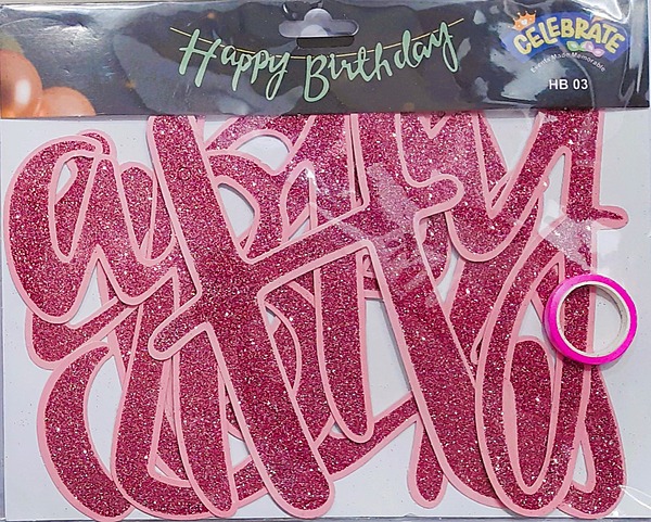 Glitter Happy Birthday Banner – Cursive Pink