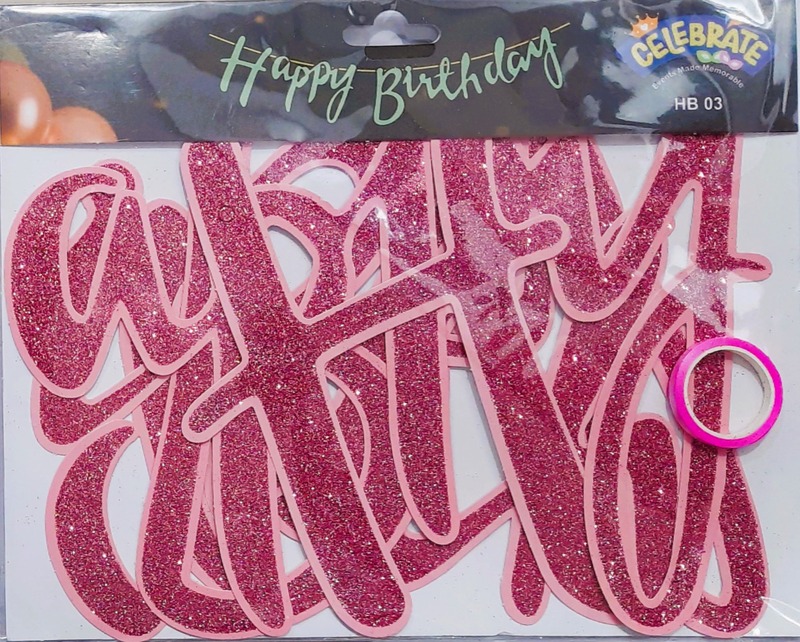 Glitter Happy Birthday Banner – Cursive Pink