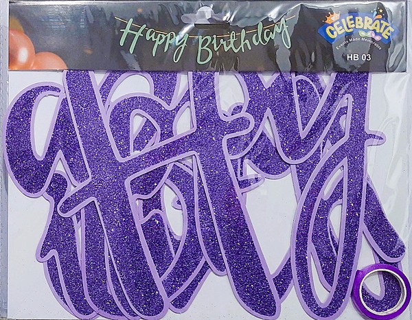 Glitter Happy Birthday Banner – Cursive Purple