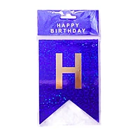 Premium Blue Holographic Happy Birthday Banner – Gold Letter Pennant Style